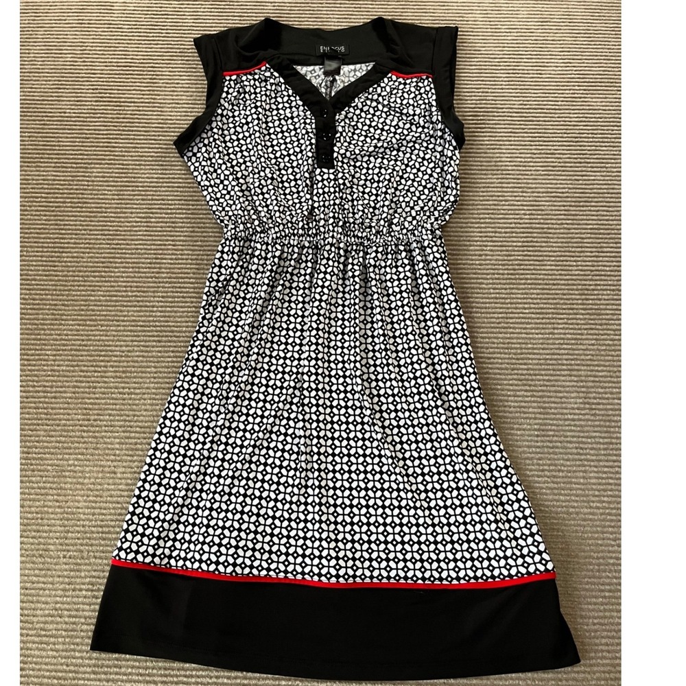 Enfocus Studio Womens Sz 4 Black White Geometric Print Sleeveless Dress Red Trim